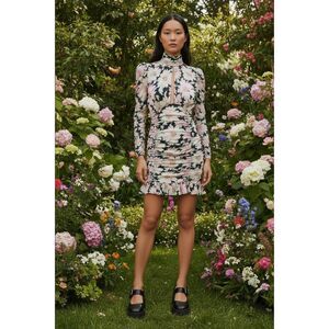 Asos Floral Mini Dress Women's Size 6 Bloomcore Ruched Ruffled Black Cut Out